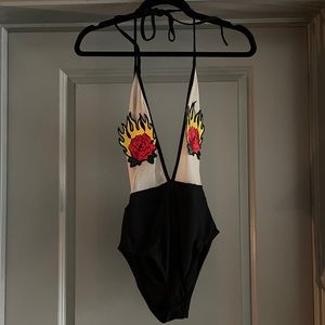 Flowers and Fire Flames Mesh Bodysuit